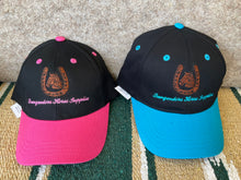 Load image into Gallery viewer, Kids Caps two colours available, embroided with Bungendore Horse Supplies with hoof shoe and horse head on front
