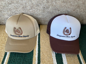 Trucker Caps, five colours embroided with Bungendore Horse Supplies with hoof shoe and horse head on front