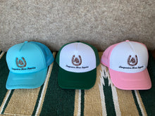 Load image into Gallery viewer, Trucker Caps, five colours embroided with Bungendore Horse Supplies with hoof shoe and horse head on front
